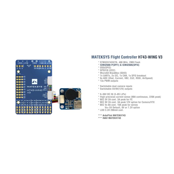 MATEK H743-WING V3 ArduPilot INAV 3-8S H743 Flight Controller 30.5X30.5mm for RC Multirotor Fixed-Wing Drones Drone